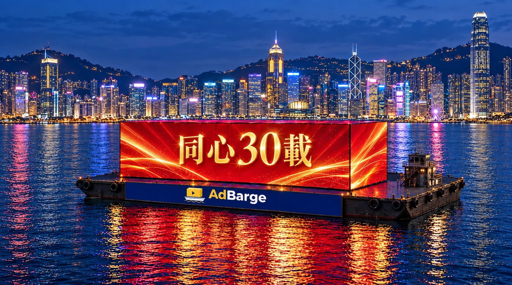 AdBarge in front of Central towers showing a red and gold corporate anniversary greeting