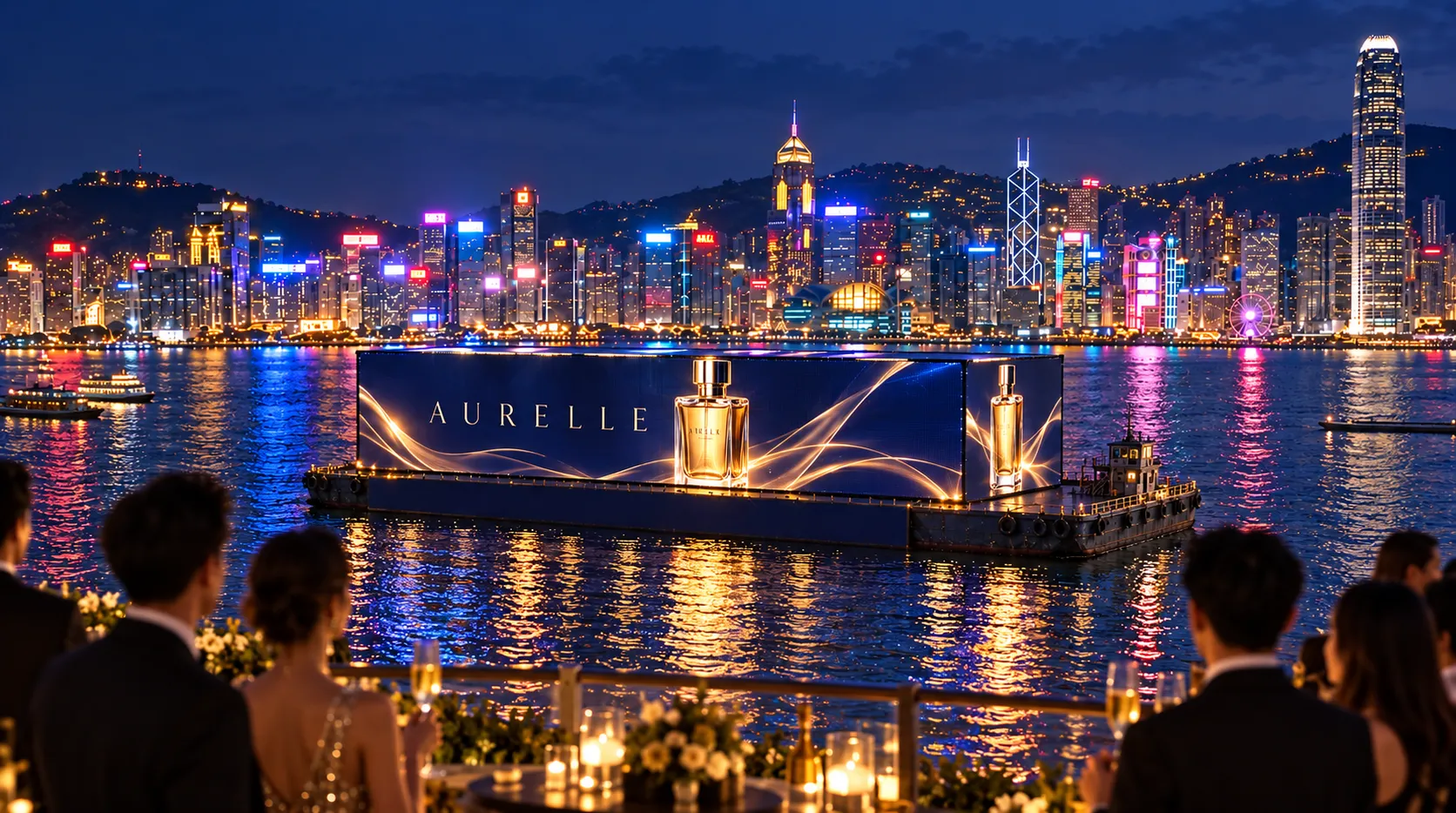 guests at a rooftop bar watch a launch on AdBarge