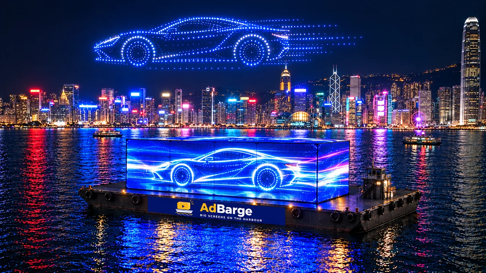 a drone show draws a car above AdBarge showing the same car
