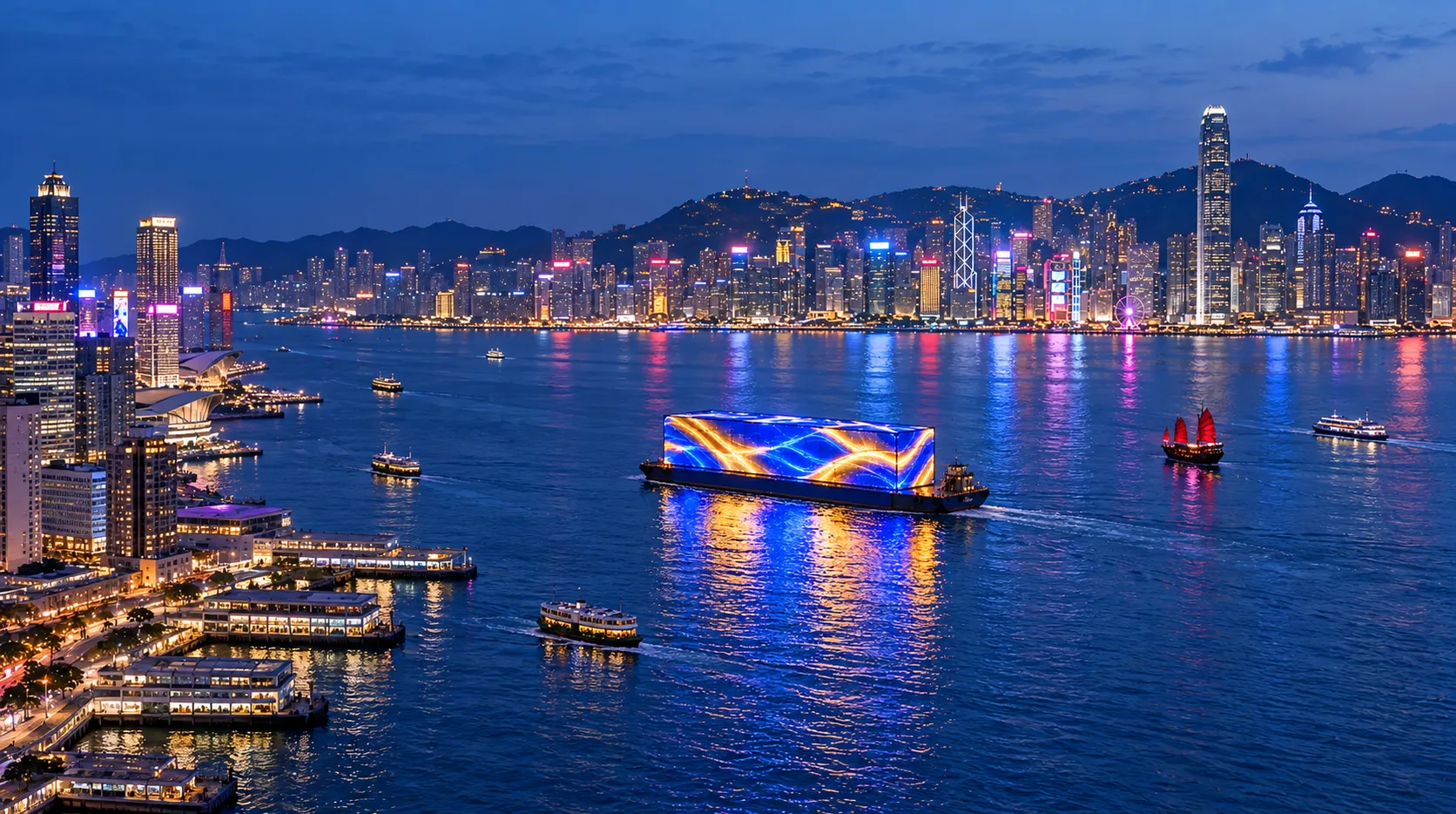 AdBarge sailing mid-harbour at blue hour